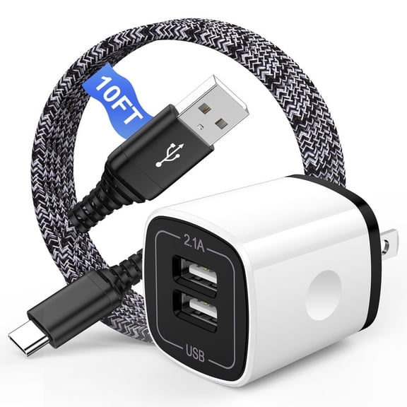 2.1A Dual Port USB C Charger Block, Fast Wall Charger Plug with 10FT Type C Charging Cables, Phone Charger Adapter Compatible with iPhone 17 16 15 14 Samsung Galaxy Android Phones, Black