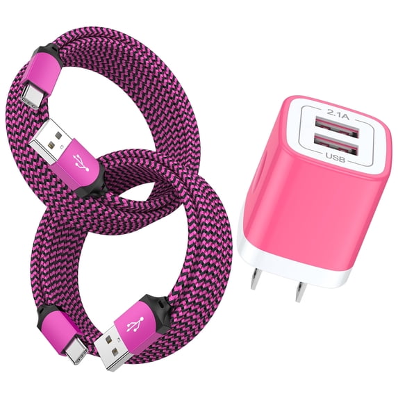 2.1A Dual Port USB C Charger Block, Fast Wall Charger Plug with 2-Pack 6FT Type C Charging Cables, Phone Charger Adapter Compatible with iPhone 17 16 15 14 Samsung Galaxy Android Phones, Pink