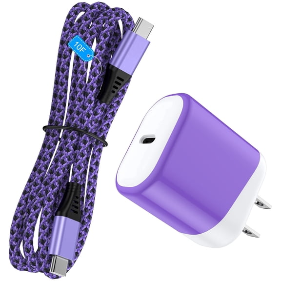 Fast Charger Block, 20W PD USB C Wall Charger with 6FT Type C Charging Cable, Fast Charging Power Adapter Compatible with iPhone 17/16/15 Pro Max Plus, Samsung Galaxy S24 S23, Android Phones, Purple