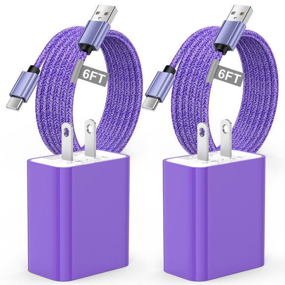 2 Pack QC 3.0 18W Charger Block Fast Charging with 6FT Type C Charging Cable, Fast Phone Charger Stand Compatible with iPhone 17 16 15 14, Samsung, Phone Chargers for Android Phone, Purple