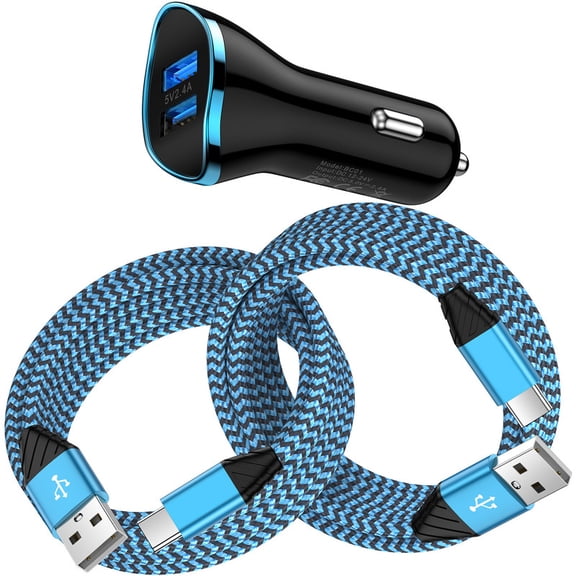 USB C Car Charger, Dual Port Car Charger Fast Phone Charger Adapter with 2 Pcs 6FT Type C Cables, Car Phone Chargers Compatible with iPhone, Samsung, Android, Car Accessories for Women Men, Blue