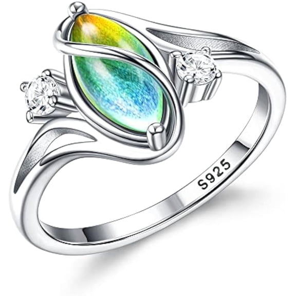 PENGHUI 1 pc 925 Sterling Silver Rings for Women Mood Ring Color Change Cubic Zirconia Accents Ring 18K Gold Plated Oval Solitaire Statement Silver Rings Jewelry