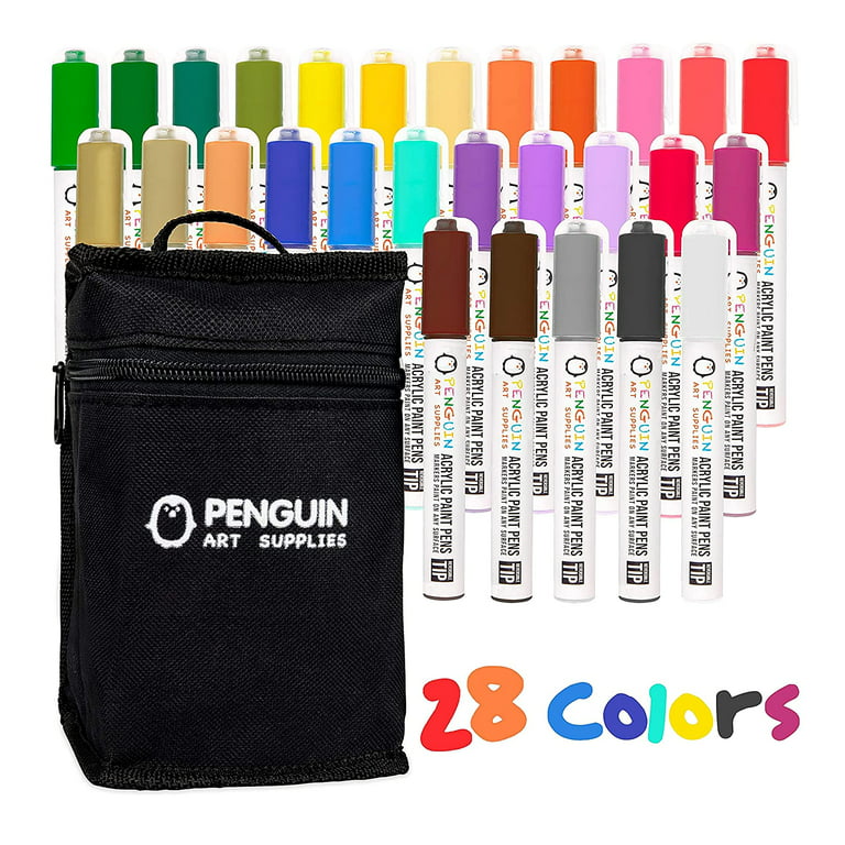 Penguin Art Supplies 28 Dual Tip Acrylic Paint Pens: Craft Paint Markers for Painting Wood, Glass, Rock, Ceramic, Porcelain - Non Toxic Reversible