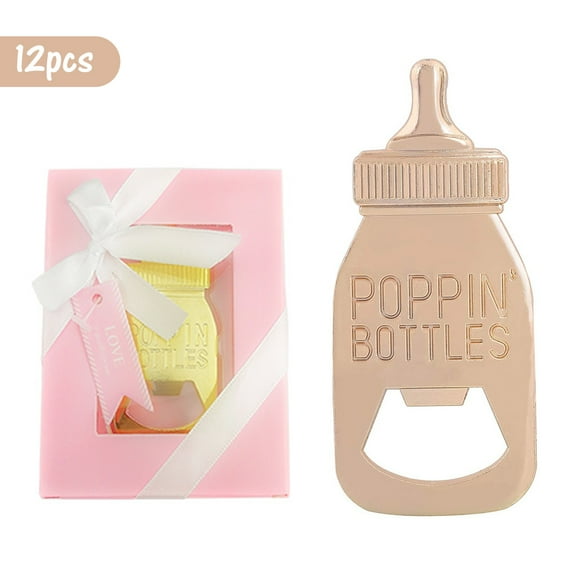 PENGXIANG 12 Pack Gold Baby Bottle Shaped Bottle Opener Baby Shower Return Gifts Souvenirs Party Favors for Guests Baby Birthday Keepsake Wedding Party Decorations (Poppin Bottles)