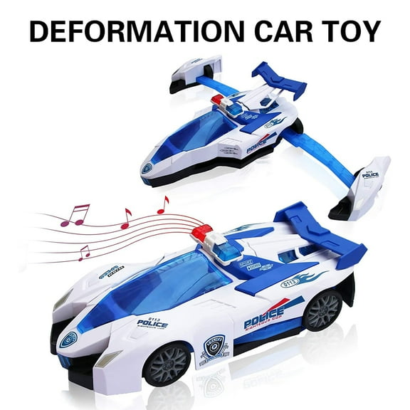 PENGXIANG 2-In-1 Kids Transformable Police Car Airplane Toy, Auto-Sensing Not To Hit The Wall, Children'S Toy Car With Music And Lights For Toddlers Over 3 Years Old