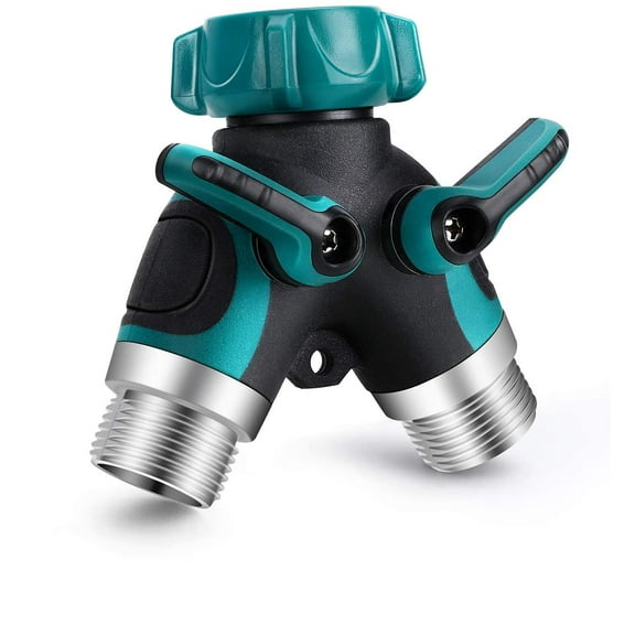 PENGXIANG 2 Way Garden Hose Splitter Heavy Duty Water Hose Adapter, Outdoor Y Hose Connector Rubberized Grip for Faucet, Sprinkler, Drip Irrigation Systems, Lawns (Green Hose Splitter)
