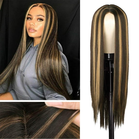 PENGXIANG 28 inch Brown Mixed Blonde Mid-length Synthetic Straight Hair For Women ,High temperature Wire Daily Party Use Suitable for All Skin Tones