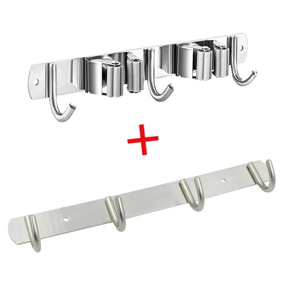 PENGXIANG 2PCS hook tool. Broom Mop Holder Wall Mount Stainless Steel Tool Hanger Organizer and Storage, 2 Racks 3 Hooks, 1PC*3-Hooks Coat Hooks Rail Heavy Duty Towel Rack