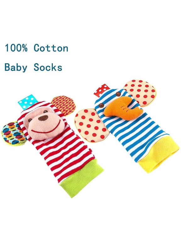 4 Pack Baby Socks Toys, Baby Feet and Fingers Socks Set, Design with Monkey and Elephant Organic Cotton Socks for Infant and Toddler
