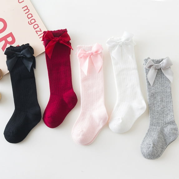 PENGXIANG 5 Pairs Baby Kids Cotton Soft Breathable Knee-High Over Calf Socks Infant Newborn Striped Bow Stockings, Suitable for infants from 6 to 12 months