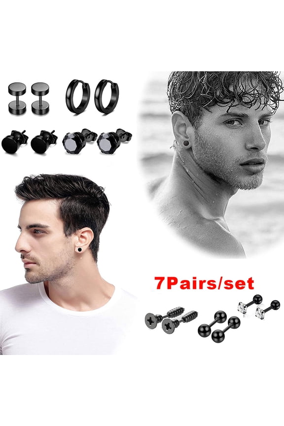 7 Pairs Stainless Steel CZ Stud Earrings for Women and Men, Huggie Hoop Earrings Ear Piercing, Black