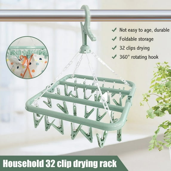 PENGXIANG Foldable Clip and Drip Hanger, Socks Hanger Underwear Hanger with 32 Clothespins & Wind-Proof Hook, Hanger for Drying Towels, Bras, Baby Clothes, Plastic Laundry Sock Drying Hanger