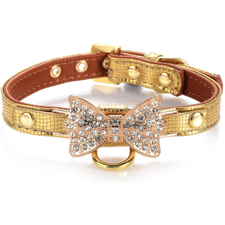 PENGXIANG Gold Bling Diamond Giltter Leather Fashion Collar with Ring for  Tags for Small Dogs,Cat,Puppy and Kitty Walking Travel Party Gifts Tedd,  Poodle Dog,Bulldog and Yorkshire Terrier 