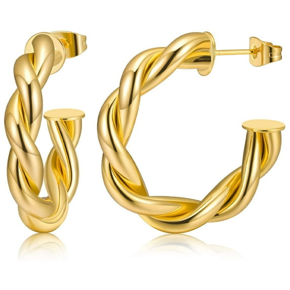 PENGXIANG Hoop Earrings Chunky Thick Tube 14K Gold Plated Huggie Twisited High Polished Fashion Jewelry Rope Round Open Piercing Earring Lobe For Women Girls (C)