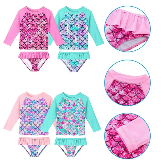 PENGXIANG Little Girls 2-Piece Swimsuit Set Long Sleeve Rash Guard Bathing Suit with UPF 50+ Sun Protection Girls, Long Sleeve Printed Rashguard and Swim Bottoms, Sizes 4-16 & Girls Plus