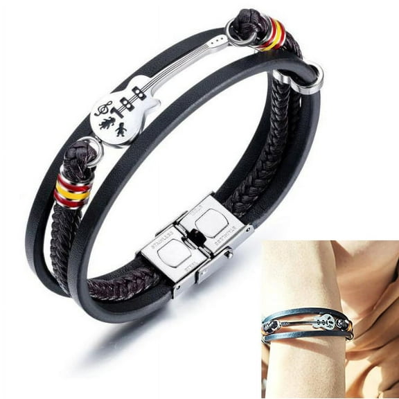 PENGXIANG Mens Womens Leather Cuff Bracelet Handmade Black Multi-layer Cowhide Woven Rope Guitar Bangle, 8.3inch[Adjustable]