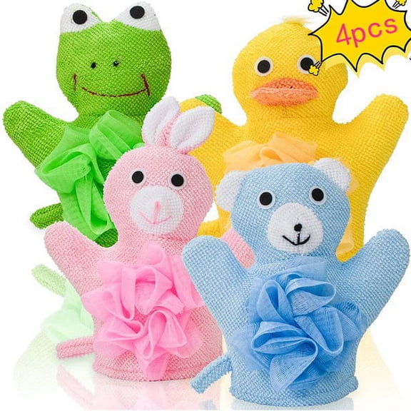 PENGXIANG Shower Sponge,Body Scrubber for Kids,4 PCS Kids Scrubber Balls Bath Sponge Baby Cute Hand Puppet Bath Wash Mitt Towel Cartoon Body Shower Pouf Puff loofahs Mesh -Rabbit/Frog/Bear/Duck