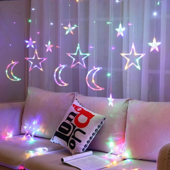PENGXIANG Starry Curtain String Light Star Moon String Light Remote Control Icicle LED USB Powered Fairy Lighting with 8 Modes for Window Wall Home Decoration (Multicolor Light)