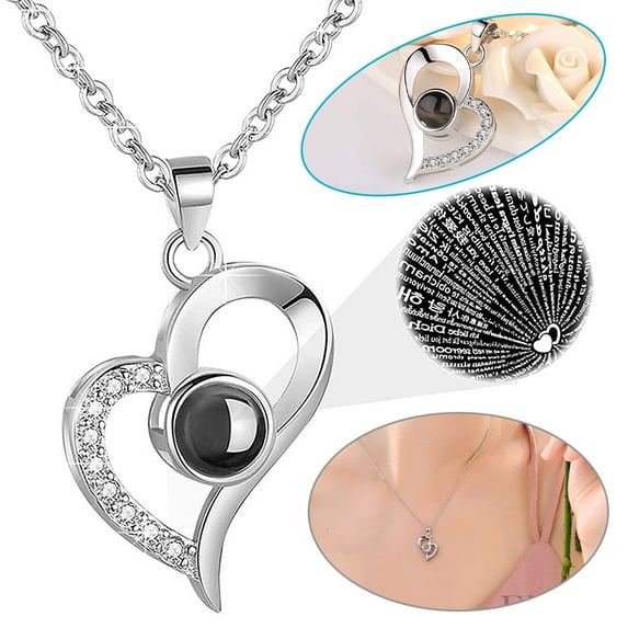 PENGXIANG Women 925 Sterling Silver I Love You Necklace With 100 Languages Love Heart Jewelry Pendants Romantic Valentines Day Gifts for Girlfriend And Wife (Silver)