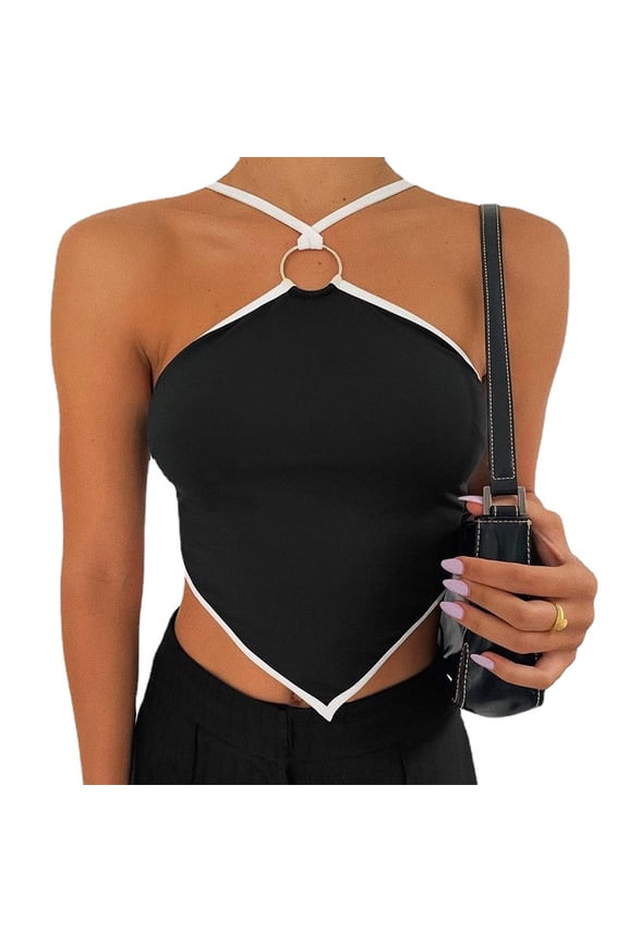 Women Sexy Halter Crop Tops Black Cross Wrap Sleeveless Sling Backless Solid Crop Tank Top Slim