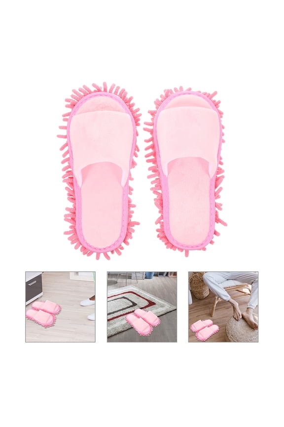 1 Pair Dusting Slippers Mop Slippers Pink Open Toe Short Plush Chenille Suitable For Men Women Daily Use
