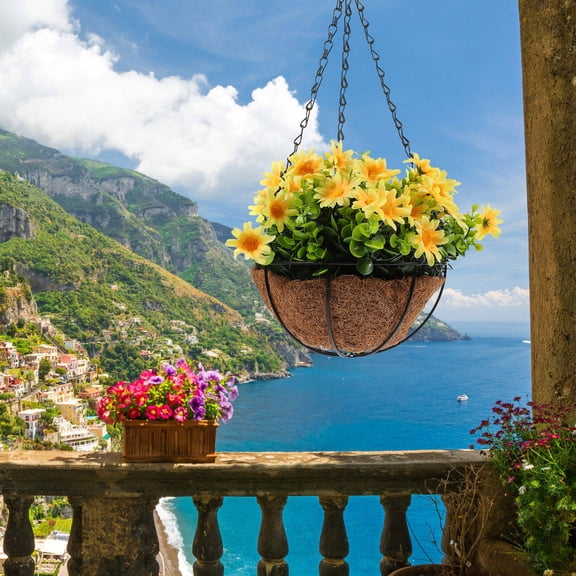 PENIKOKO Outdoor Artificial Daisy Hanging Basket Yellow - Realistic Yard Decorations for Garden, Patio, Porch, 1 Set