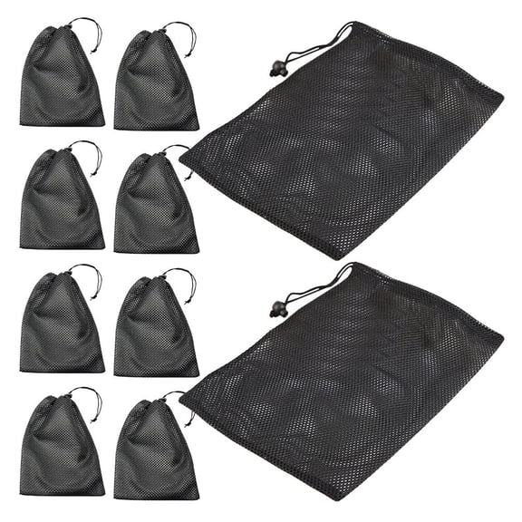 PENIKOKO Set of 10 Black Mesh Drawstring Bags, Polyester Laundry Bags for Travel, Storage, Organizing Clothes and Accessories