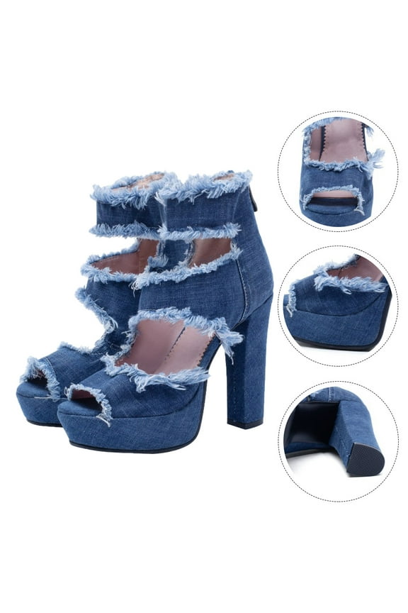1Pair Blue Denim Woman Sandals High Heels Comfortable Elastic Upper for Weddings
