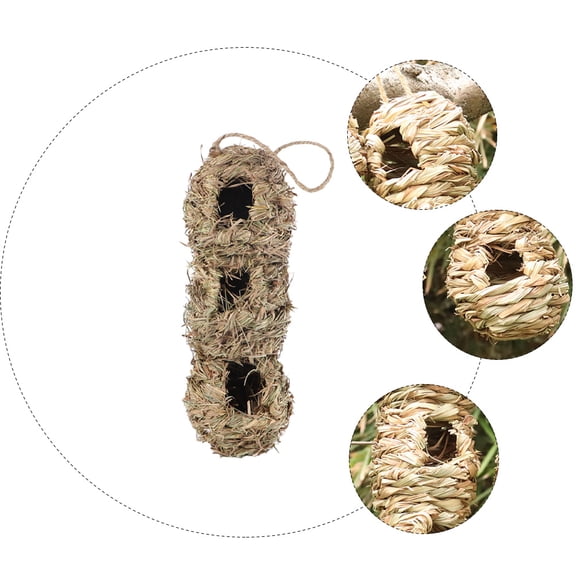 PENIKOKO 1Pc Creative Yellow Straw Woven Bird House Hanging Nest with Multiple Perches for Pets