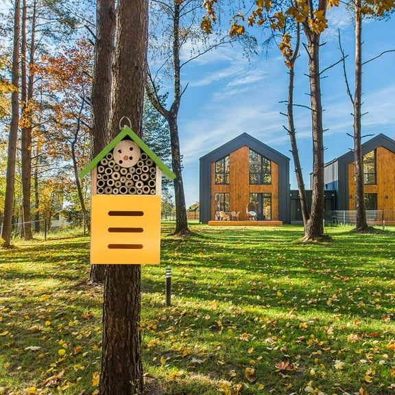 PENIKOKO 1Pc Decorative Bee House Wooden Nest with Wrought Iron Hook for Outdoor Hanging and Garden Use