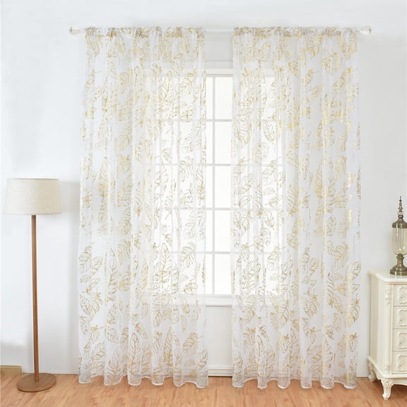PENIKOKO 1Pc Golden Floral Sheer Curtain Rod with Shading for Modern Window Decoration and Display
