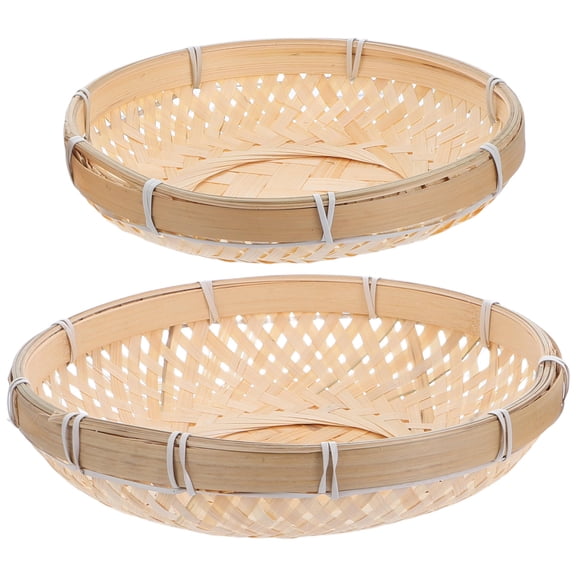 PENIKOKO 2 Pcs Harvest Basket Light Yellow Bamboo Fruit Storage Shallow Tray Style