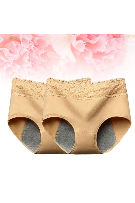 2-Pack Beige Menstrual Underwear for Women, Leakproof Cotton Period Panties with Comfortable Mid Waist Design