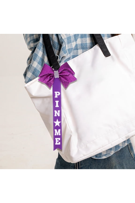 2Pcs Sparkling Purple Cheer Pin Me Ribbon Bow Keychains for Bags Backpacks and Purse Accessories