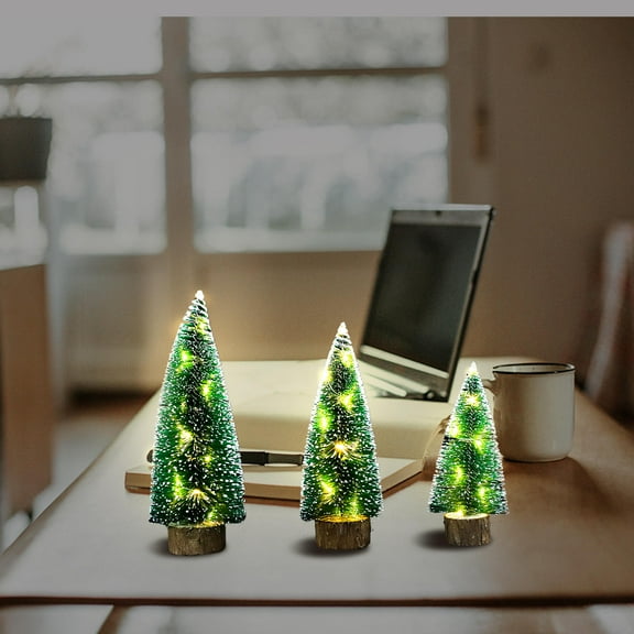 PENIKOKO 3-Piece Mini Artificial Green Tree Set with Lights for Holiday Tabletop Decor and Family Celebration