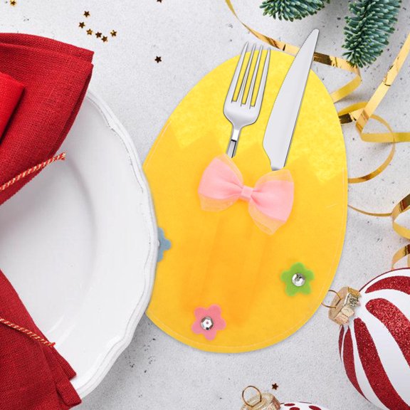 PENIKOKO 4-Pack Yellow Felt Easter Cutlery Bags Soft Fabric Sleeves for Kitchen Table Decoration