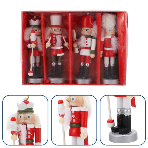 PENIKOKO 4-Piece Red Wooden Nutcracker Set with Rope Hangers, Christmas Holiday Decorations for Party and Home Ornament