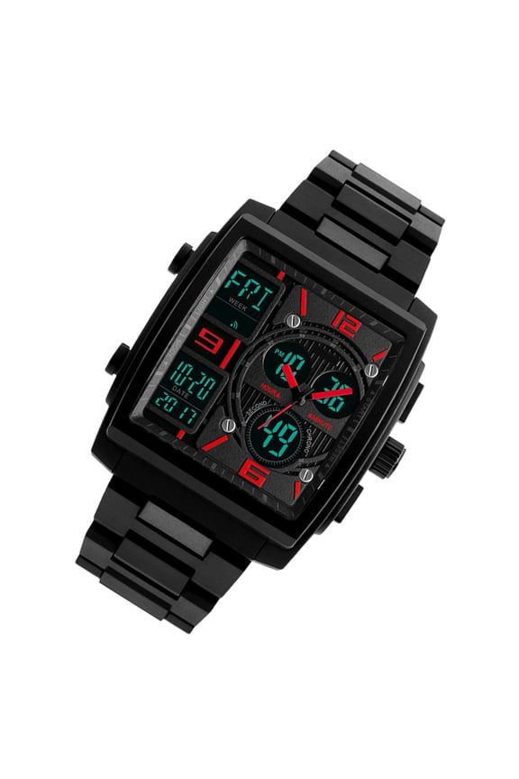 Backlight Men's Waterproof Digital Watch Red with Stylish Dial and Stainless Steel Buckle