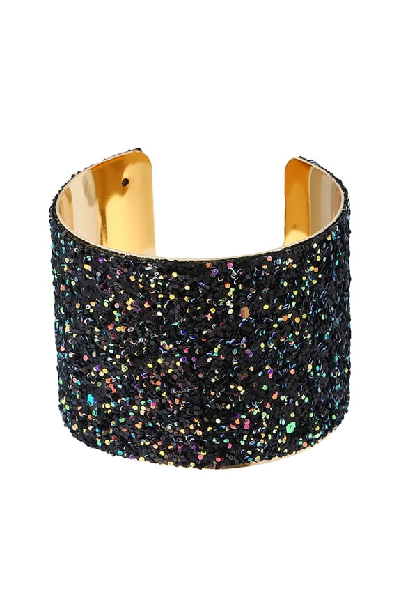 Black Sequin Wide Open Bracelet Elegant Bangle Jewelry for Women Party Wedding Accessories