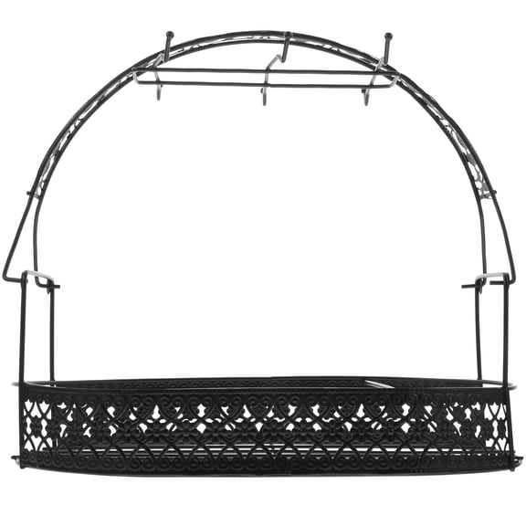 PENIKOKO Black Wrought Iron Cup Holder with 6 Hooks and Wire Basket, Flatback Kitchen Storage Organizer Rack