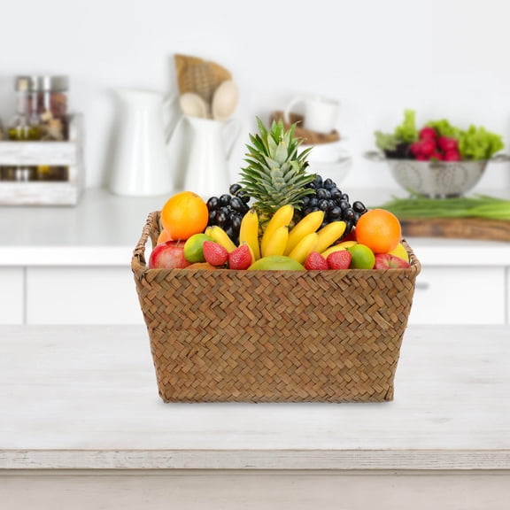 PENIKOKO Brown Woven Storage Basket with Handle Portable Straw Braided Sundries Organizer