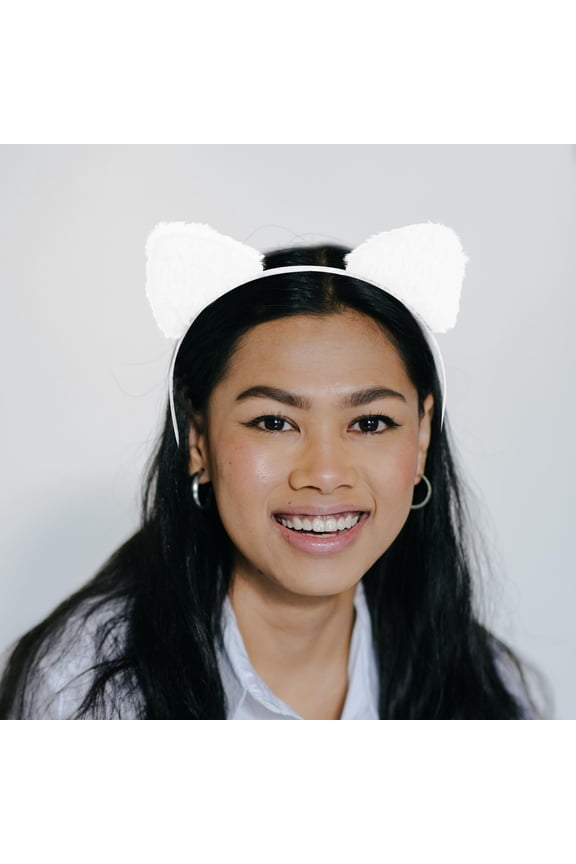 Plush White Cat Ear Headband for Spa, Face Washing, Hair Styling, Soft Comfortable Material