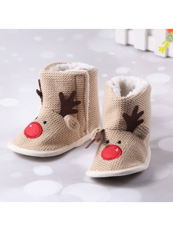 Beige Cotton Winter Boots with 3D Elk Pattern, Soft Warm Non- Christmas Shoes for Cold Weather
