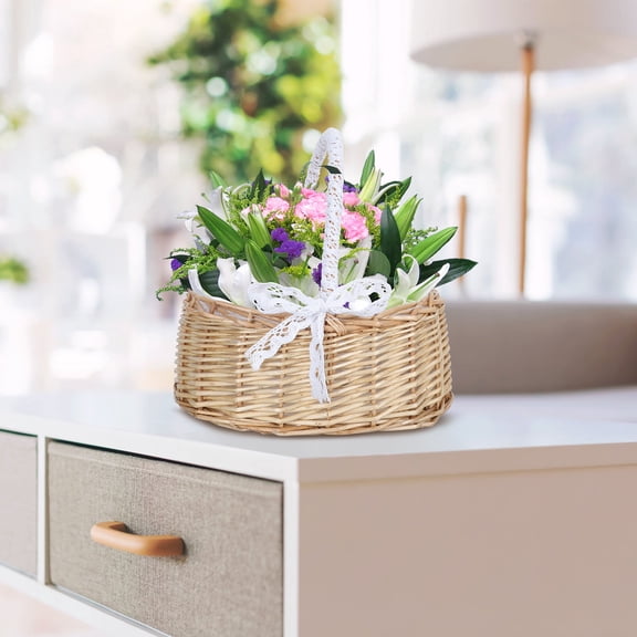 PENIKOKO Khaki Rattan Flower Basket for Weddings and Home Decor Portable Synthetic Material Storage Container 10.5 x 8.5 x 5.5 inches
