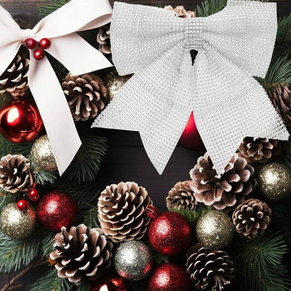 PENIKOKO Large Silver Christmas Bows for Party Decor Versatile Rhinestone Embellished Plastic Cloth Design 12.5 Inches