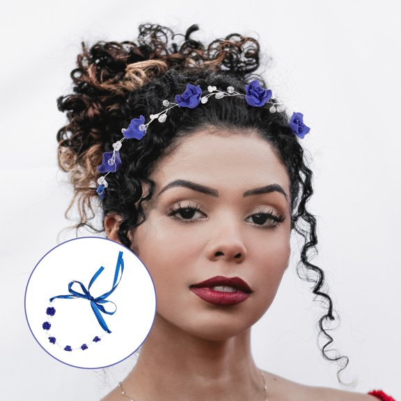 PENIKOKO Navy Blue Wedding Headband with Floral Rhinestones Elegant Bridal Hair Decor for Banquets