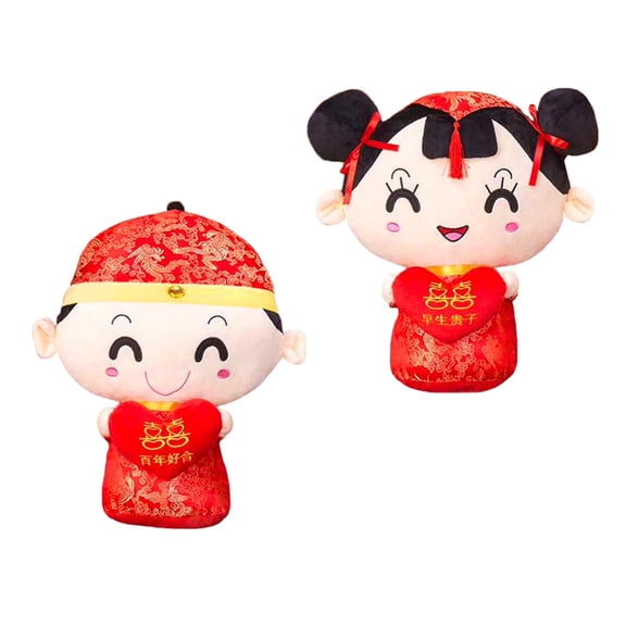 PENIKOKO Wedding Decorations Chinese Style Plush Dolls Red Set of 2 Traditional Couple Figurines for Home and Event