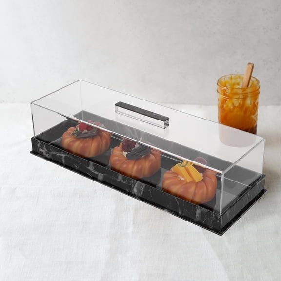 PENIKOKO Rectangular Acrylic Cake Stand with Clear Dome and Marble Base, Kitchen Display for Cakes and Desserts
