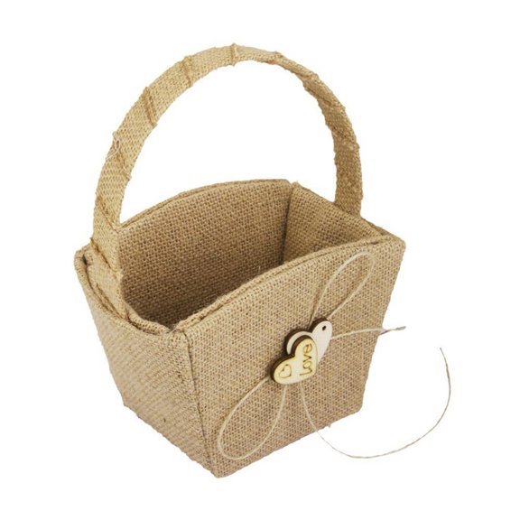 PENIKOKO Burlap Double Heart Flower Basket with Bowknot Rustic Linen Wedding Ceremony Decor