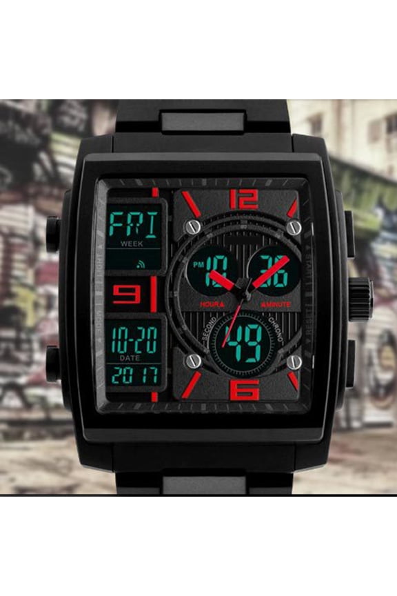 Sports Wristwatch with Resin Glass, PU Rubber Band, Water Resistant for Swimming, Red Design